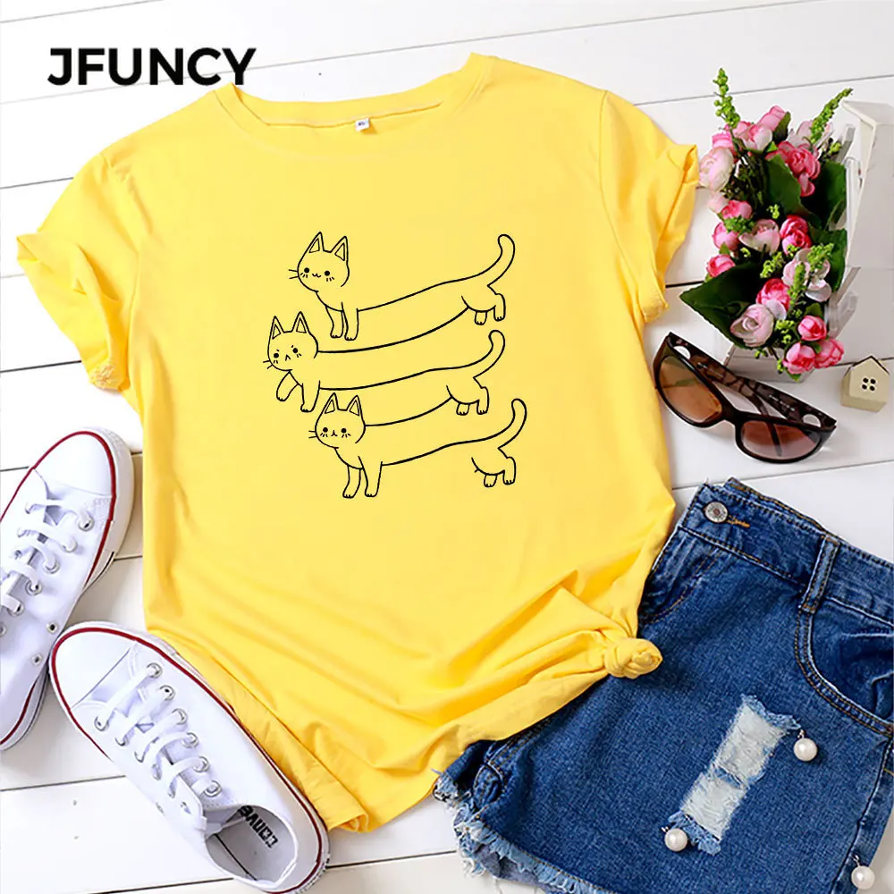 JFUNCY Plus Size 5XL Women Tee Shirt 100% Cotton Short Sleeve Casual Female Tshirt Cat Print T-shirt Woman Summer Loose Tops