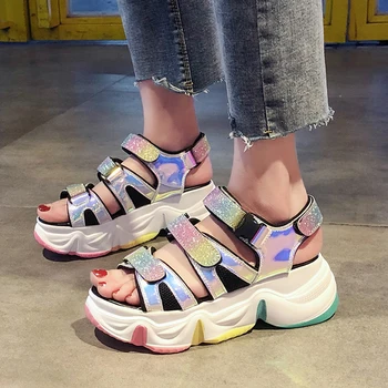 

Lucyever Shiny Sequins Wedges Shoes for Women Summer Ladies Black Platform Sandals Sexy Laser Ankle Strap Femmes Sandales 2020