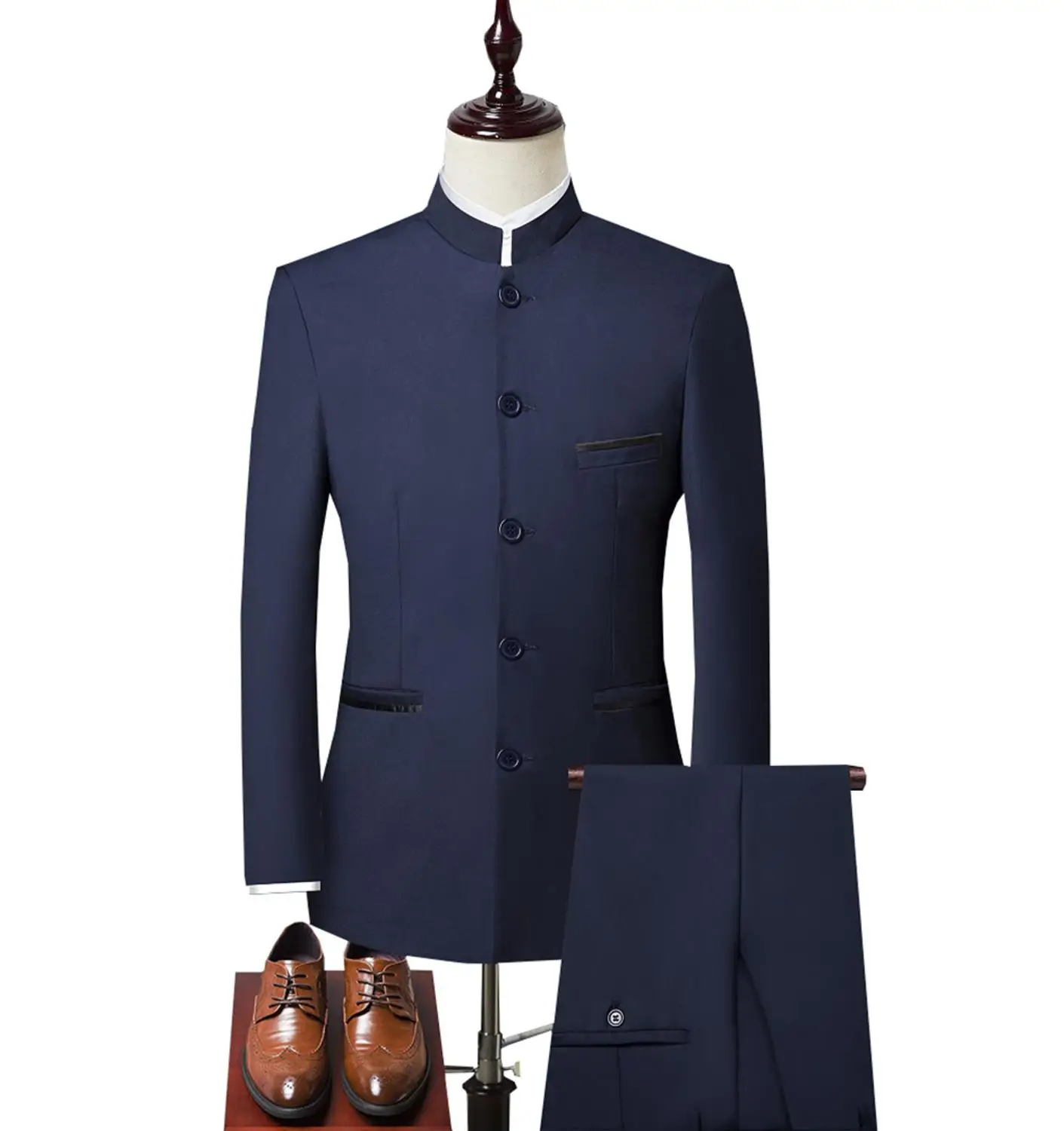 

Solovedress Classic 2 Pieces Mens Suit Chinese Style Stand Mandarin Collar Suit Collar Formal Dresswear Jacket Pants Tuxedo