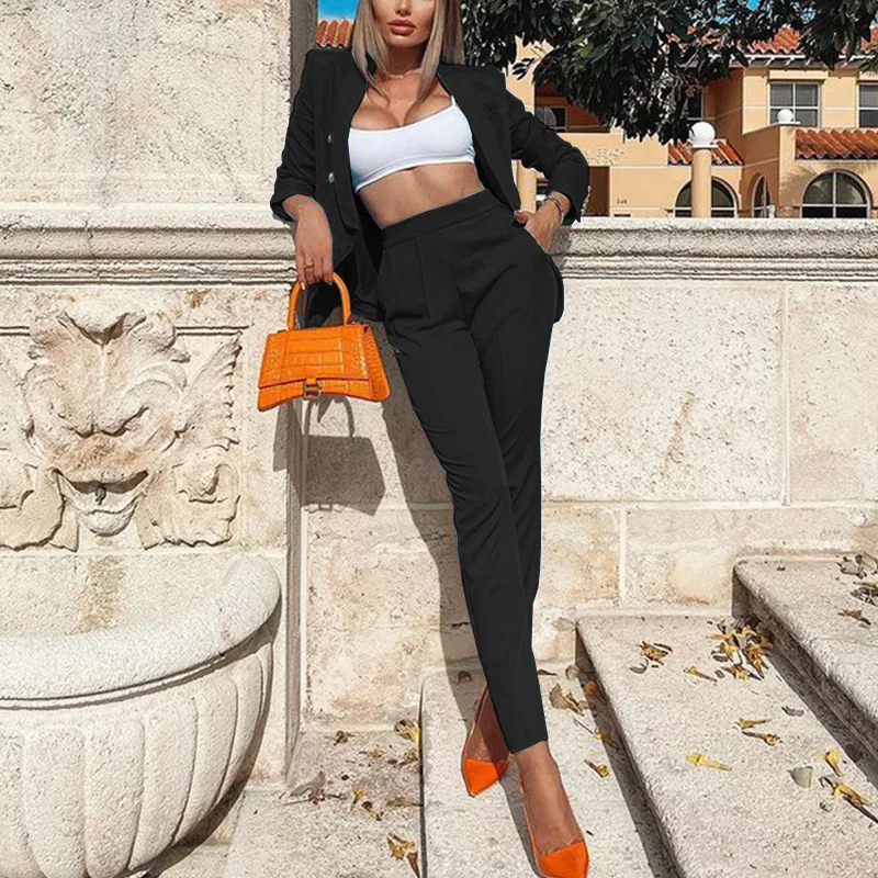 Pure color simple suit fashion long-Sleeved suit slim trousers two-Piece suit autumn and winter 2021 new casual women's clothing