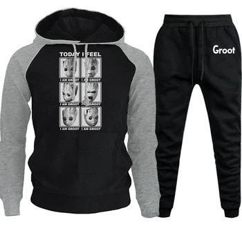 

New Autumn Winter 2019 Streetwear Men Raglan Hooded Funny Groot Casual Hip Hop Suit Male Pullover Fleece Hoody+Pants 2 Piece Set