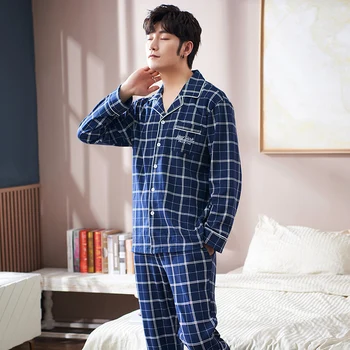 

Men Simple Plaid Winter Full Sleeves Pajamas Fashion Turn-Down Collar Pure Cotton Sleep Suit Male Long Pants Leisure Wear 2020