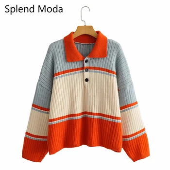 

2020 new fall winter vintage Polo collar colorblock knitted cardigan women pullover oversized striped sweater coat top jumpers