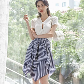 

new arrival fashion elegant korean style sets for women summer temperament OL asymmetry skirt and white t-shirt two piece sets