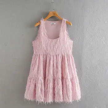

women sweet sleeveless tassel decoration pink mini dress female square collar pleats vestidos chic casual slim dresses DS3478