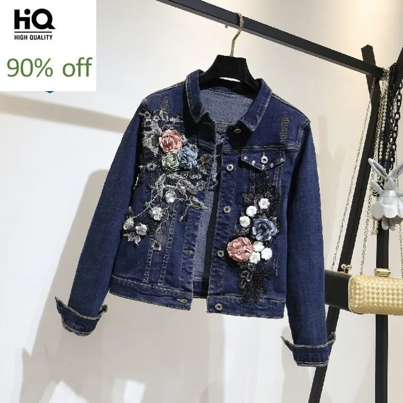 

Blue Women Short Basic Coat Denim Jacket Women Spring Autumn Slim Jeans Jacket Ladies New Embroidered Flowers Overcoats Clothing