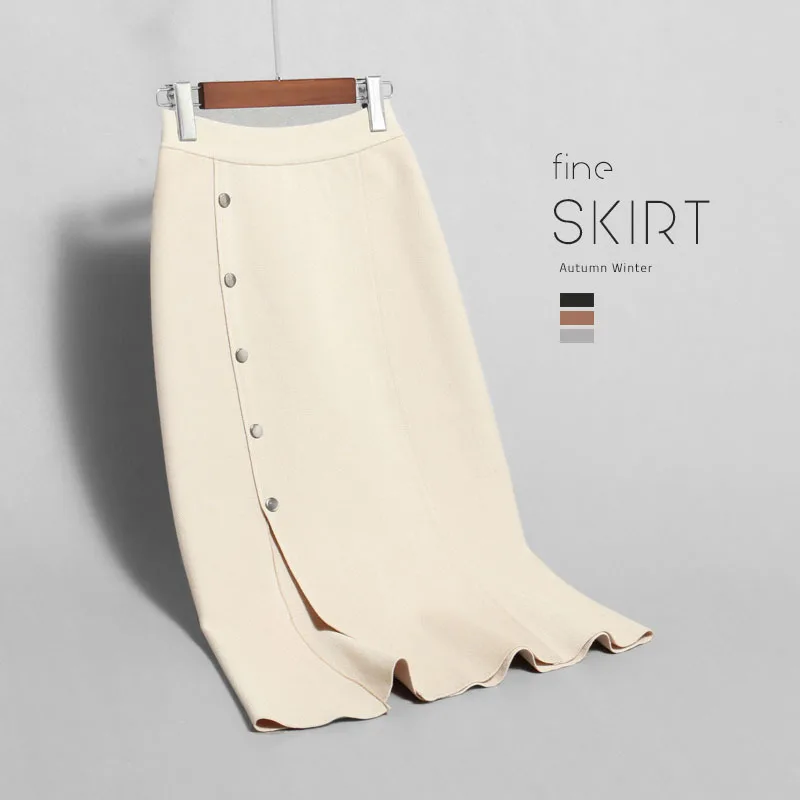 Высококачественная трикотажная юбка с эластичной резинкой на талии, юбка в стиле русалки с оборками и боковыми пуговицами, приталенная юбка средней длины на осень и зиму, Jupe Femme Falda