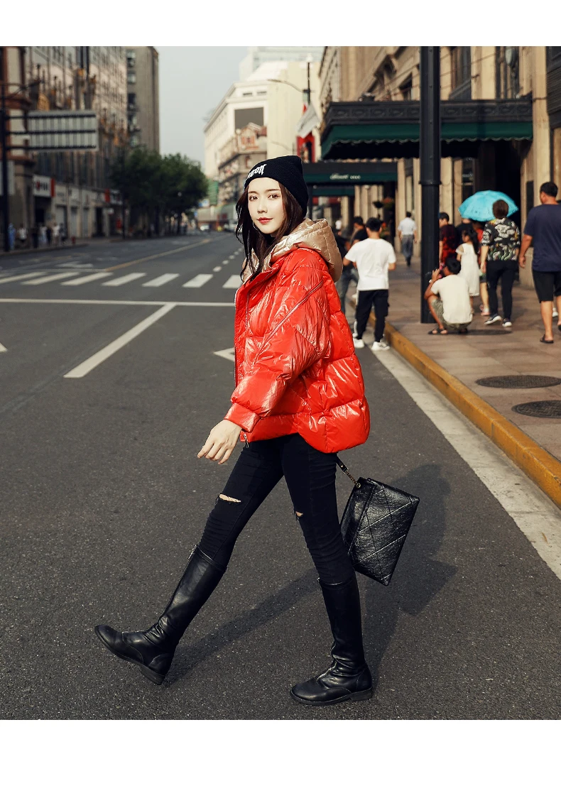Female Glossy Down Parka Winter Jacket Women Large Sizes Thick Down Jacket Loose White Duck Down Coat Waterproof Outerwear - Цвет: Кораллово-Красный