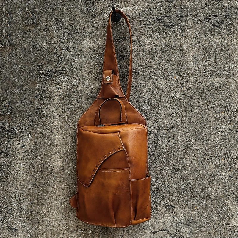 Mens Cow Leather Bag Retro Brown Bag Casual Bag Shoulder Bag Mens Chest