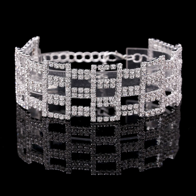 MINHIN Bracelet For Women Sparkling Rhinestone Mosaic Geometric Design Wide Hollow Bangles Wedding Jewelry | Украшения и