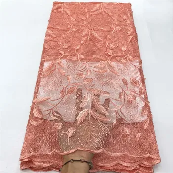 

African 3D leaves Tulle Lace Fabric 2020 pink High Quality African French sequins Lace Fabric Nigerian Embroidery Tulle French