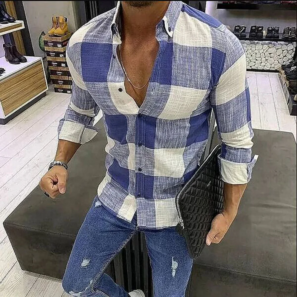 Популярная модная мужская клетчатая рубашка без кармана, Мужская одежда, приталенная рубашка с длинными рукавами, мужская повседневная мужская рубашка, большие размеры M-3XL
