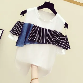 

2020 Summer T-shirt Woman's Top New Korean Splicing Striped Ruffled Round Neck Short Sleeve Off-the-Shoulder T-shirt Ladies Tee
