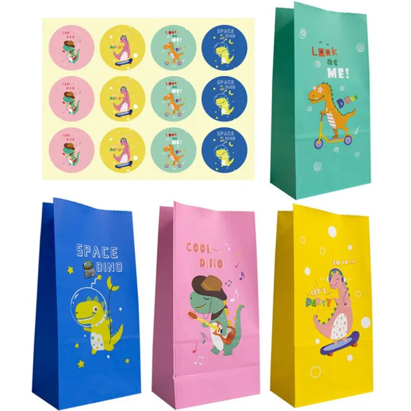 24set Cute Dinosaur Packaging Bags Kids Birthday Party Gift Bag Paper Candy Favor Boxes with Sticker Dino Decor | Дом и сад