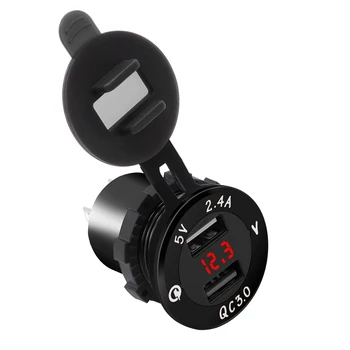

Aluminum Alloy Fast Charge Qc 3.0 Dual USB With Voltmeter Charger Black Shell Red Light For Car Motorcycle Beach Car RV SUV
