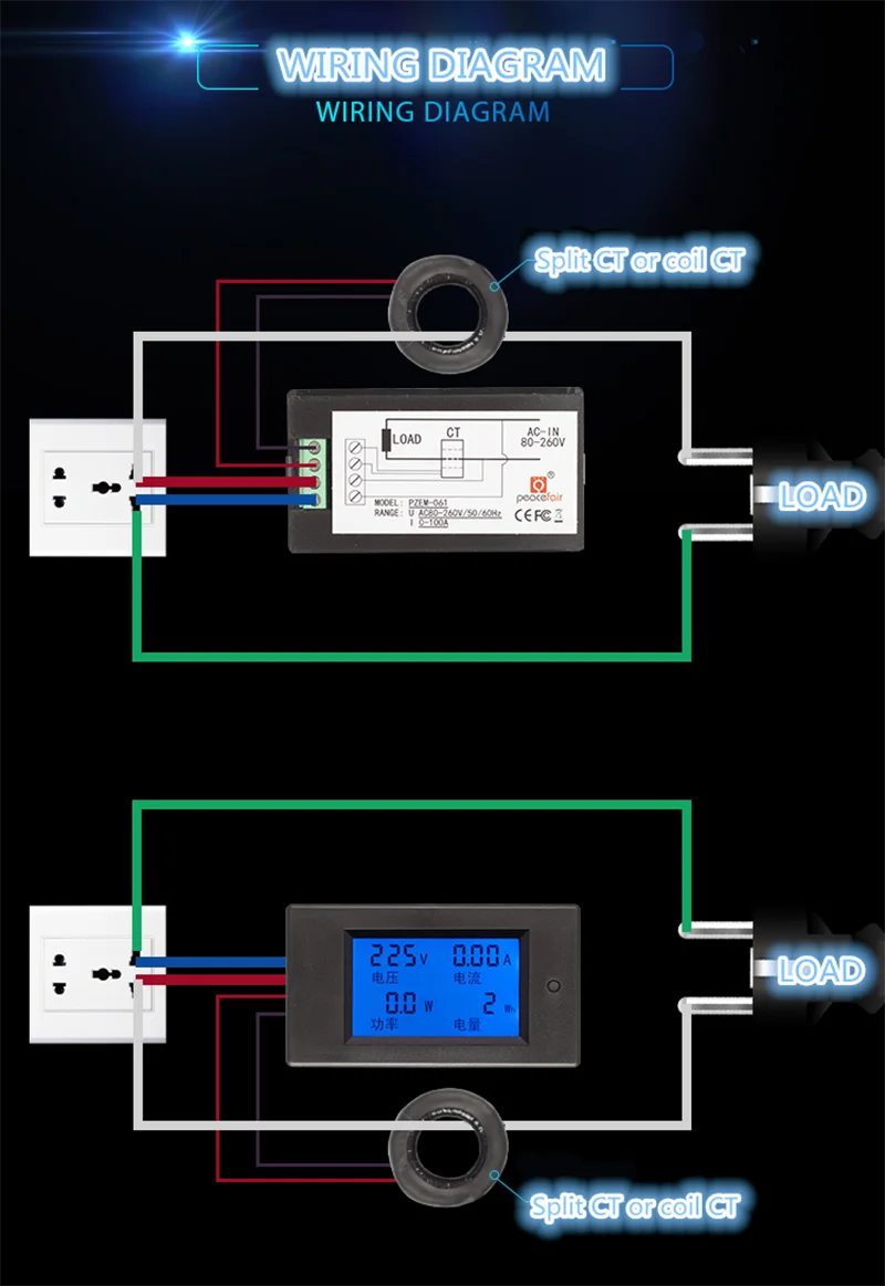 4-in-1 Digitales Voltmeter Amperemeter Wattmeter Energiemessgerät Spannung Strom AC 80-260V 0-100A LCD-Anzeige Volt-Tester – Detail 7