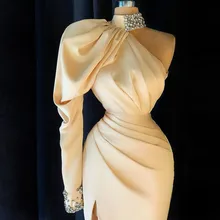 

Beige Elegant Sheath Cocktail Dresses Long Sleeves Pleats One Shoulder Beaded High Jewel Neck Mini Short Prom Party Wear Evening