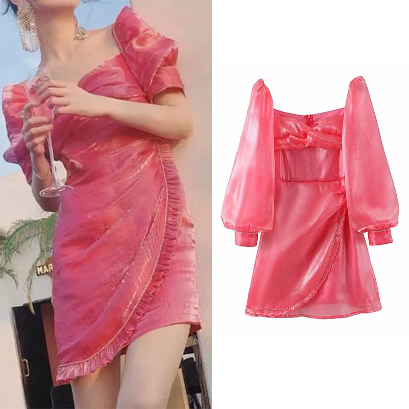 

Women dress za 2020 fashion organza draped chic pink sweet party dress three quater sleeve square collar mini dress female mujer