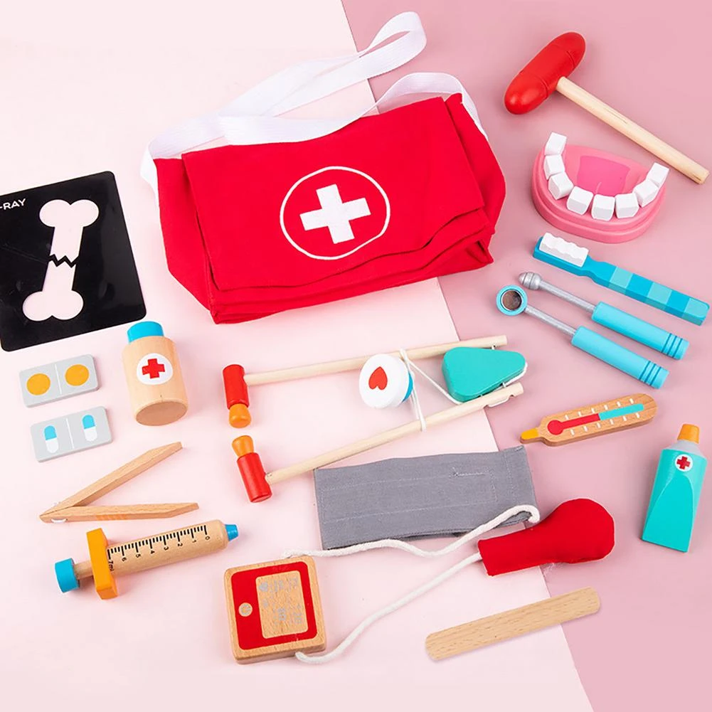 Conjunto de juguetes de Doctor para niños, Kit de juegos de madera para  niñas y niños, caja de Medicina de dentista médica roja, bolsas de tela| Juguetes de doctor| - AliExpress