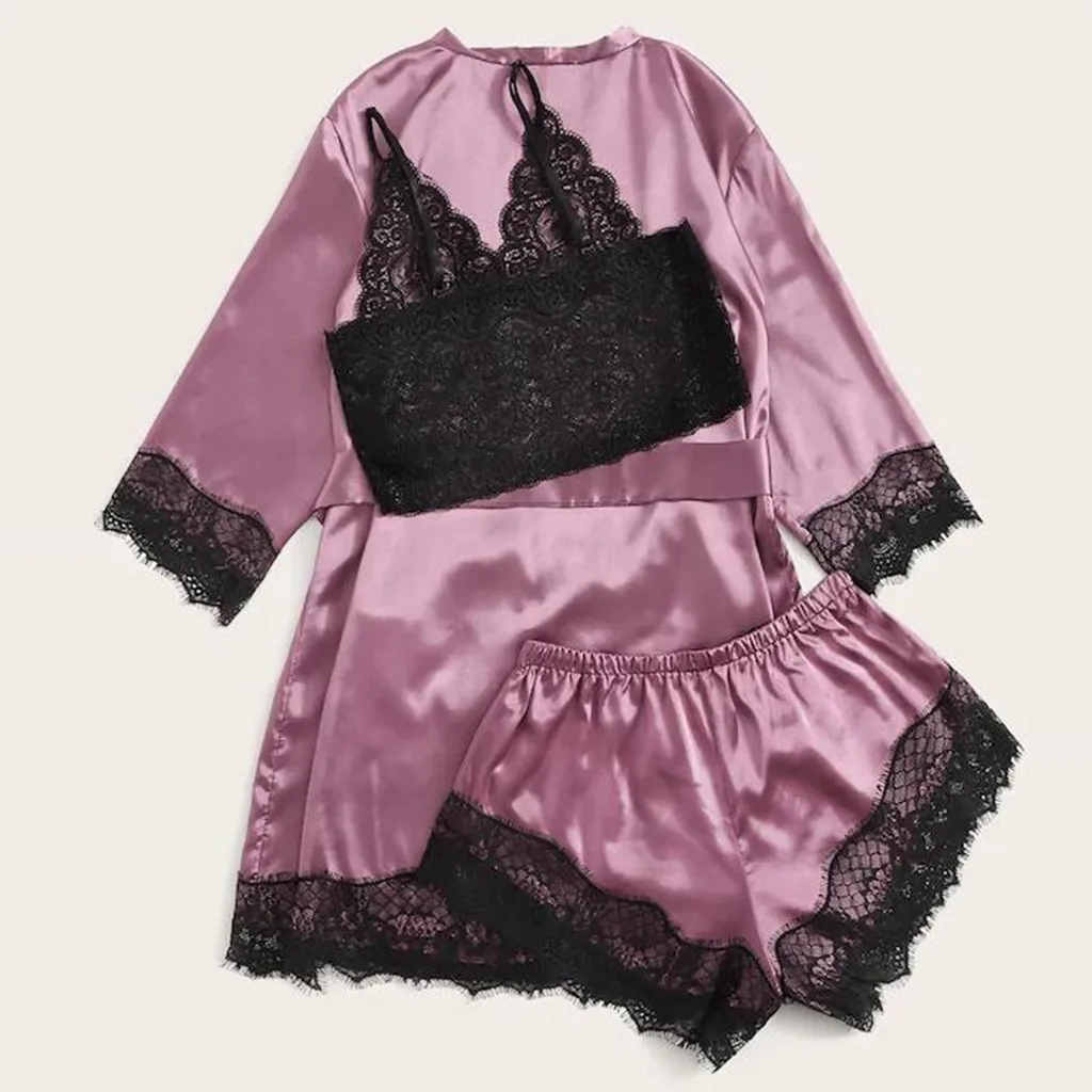 3PC women sleepwear set sleep wear Lace Satin Wireless Bra Camisole Shorts Pajamas Sleepwear Bow Robe Set пижама женская#C20