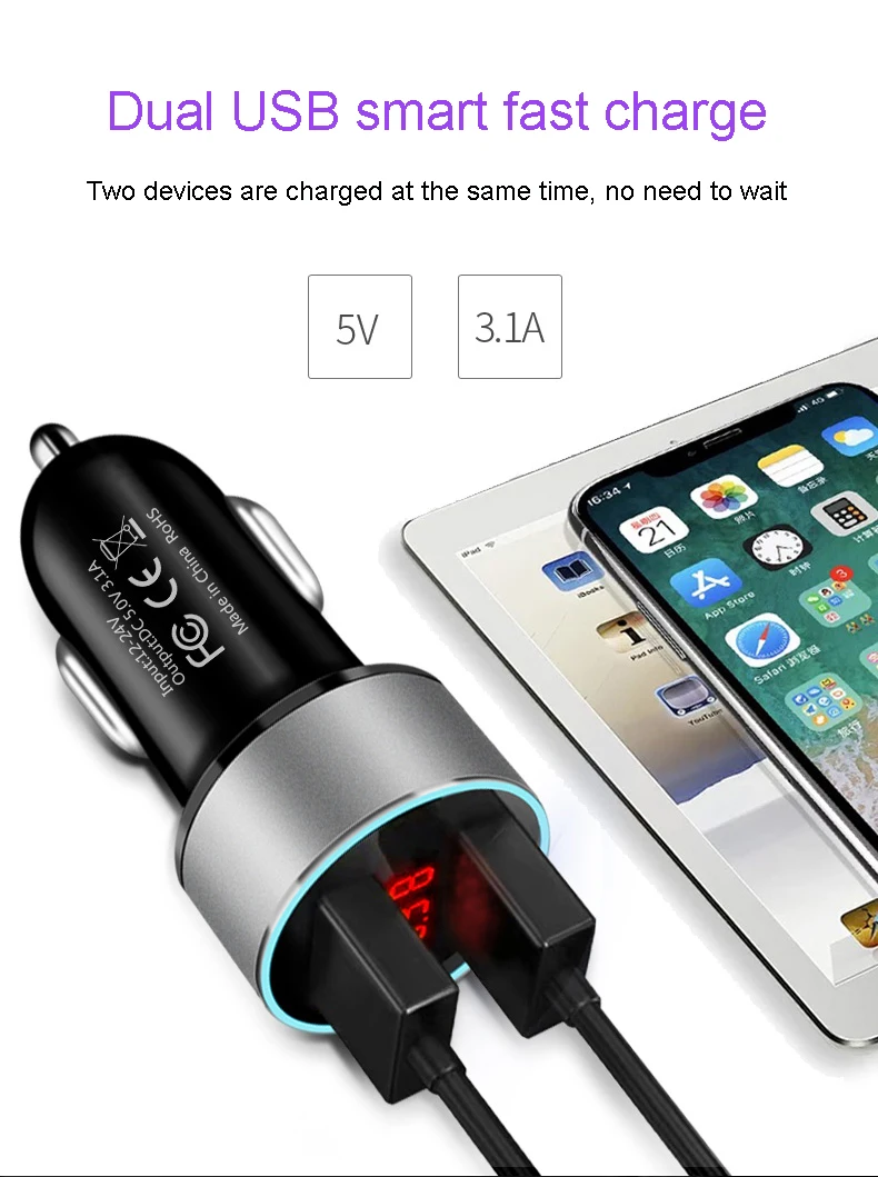 3.1A Dual USB Car Charger Quick Charge for Xiaomi Samsung iPhone 11 Tablet With LED Display Universal Mobile Phone Car-Charger