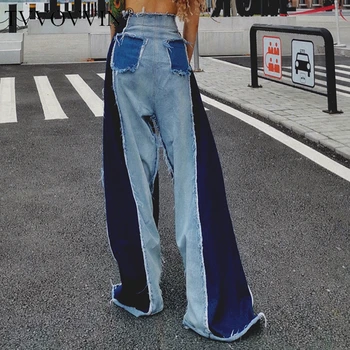 

Denim Patchwork Trousers Women High Waist Pocket Hit Color Large Size Wide Leg Pants Female 2019 Fashion Autumn Tide X616