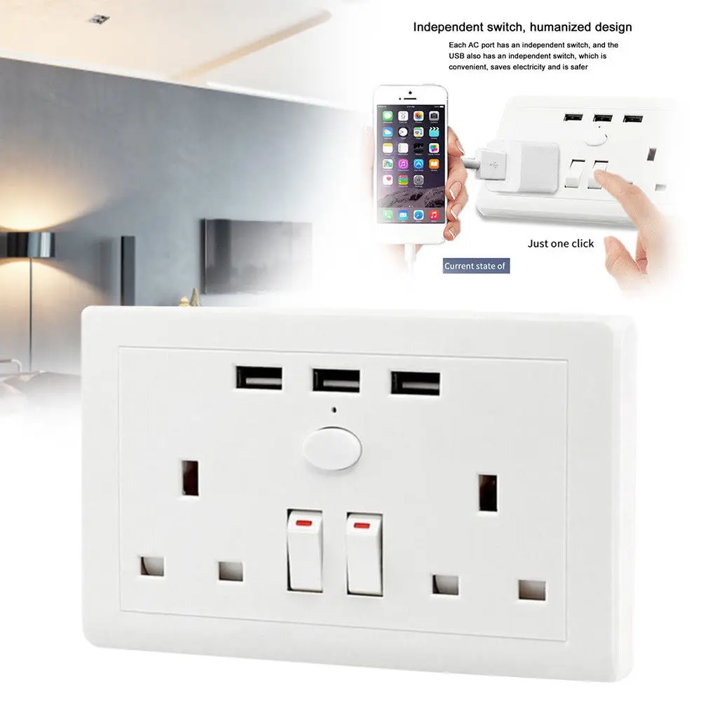 2 розетки переменного тока, выключатель питания, 3 USB порта, настенная розетка, розетка с автономными переключателями, безопасная дверь для дома, офиса, вилка Великобритании