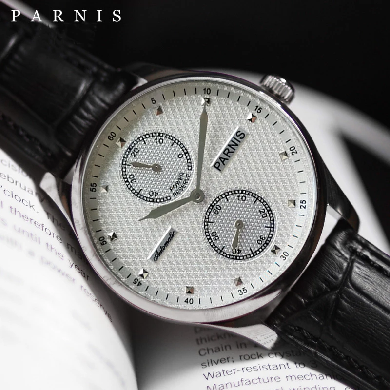 

2023 Fashion Parnis 43mm Silver Case Men's Automatic Mechanical Watches Leather Strap Power Reserve Men Watch Reloj Hombre Gift