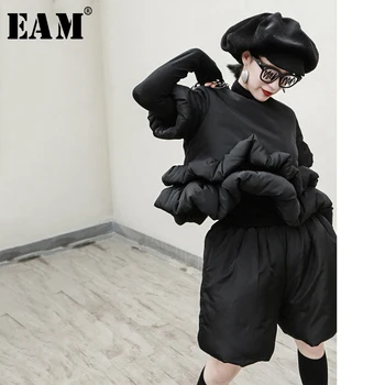 

[EAM] Wide Leg Shorts Two Piece Suit New Round Neck Short Sleeve Black Loose Fit Women Fashion Tide Spring Autumn 2020 1R346