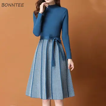 

Long Sleeve Dress Women Knitting Patchwork Bow Elegant Ladies Work Wear Casual Daily Mid-long All-match Plus Size 3XL Fashion