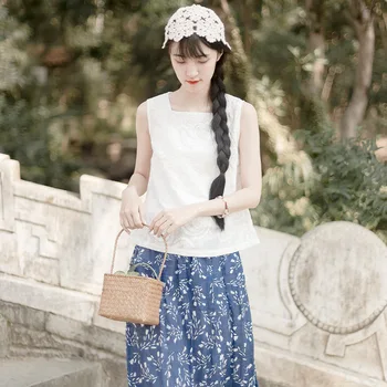 

Embroidery Flower Short Loose Cotton Shirt Square Collar Slimming Design Sleeveless Bottoming Shirt Chinese Style White
