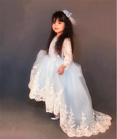 Небесно-голубое платье с цветочным узором для девочек детское праздничное платье на день рождения Пышное Платье со шлейфом для маленьких девочек