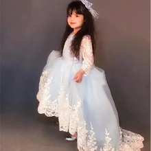 Небесно-голубое платье с цветочным узором для девочек детское праздничное платье на день рождения Пышное Платье со шлейфом для маленьких девочек