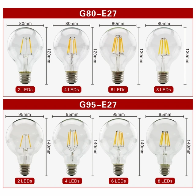 Bombilla Estilo Edison para Lámpara, 2 Unidades, Artículo con Filamento LED Retro, Luz de Vela Vintage, E27, E14, CA de 220 V, C35, G45, A60, ST64, G80, G95, G125 4