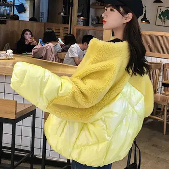 

Winter Jacket Women Stand Collar Lambs Wool Stitching Short Womens Coats Down Cotton Jacket Women Parka Warm Quilted Coats C5991