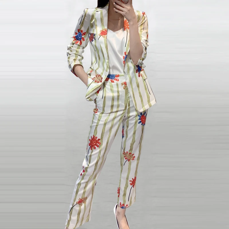 

HIGH QUALITY Newest 2020 Designer Runway Suit Set Women's Single Button Striped Floral Sequined Blazer Pants Suit