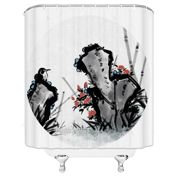 

Landscape Flower Japanese Chinese Style Shower Curtain Set Mountain Art Bath Waterproof Chinese Ink Painting Shower Curtain