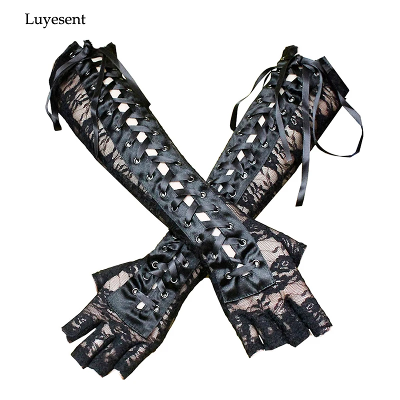 

Black Cool Punk Woman Lace Gloves 2020 Lady Elbow Length Mittens Eyelet Ribbon Hip-pop Lolita Hollow Out Fingerless Party Glove
