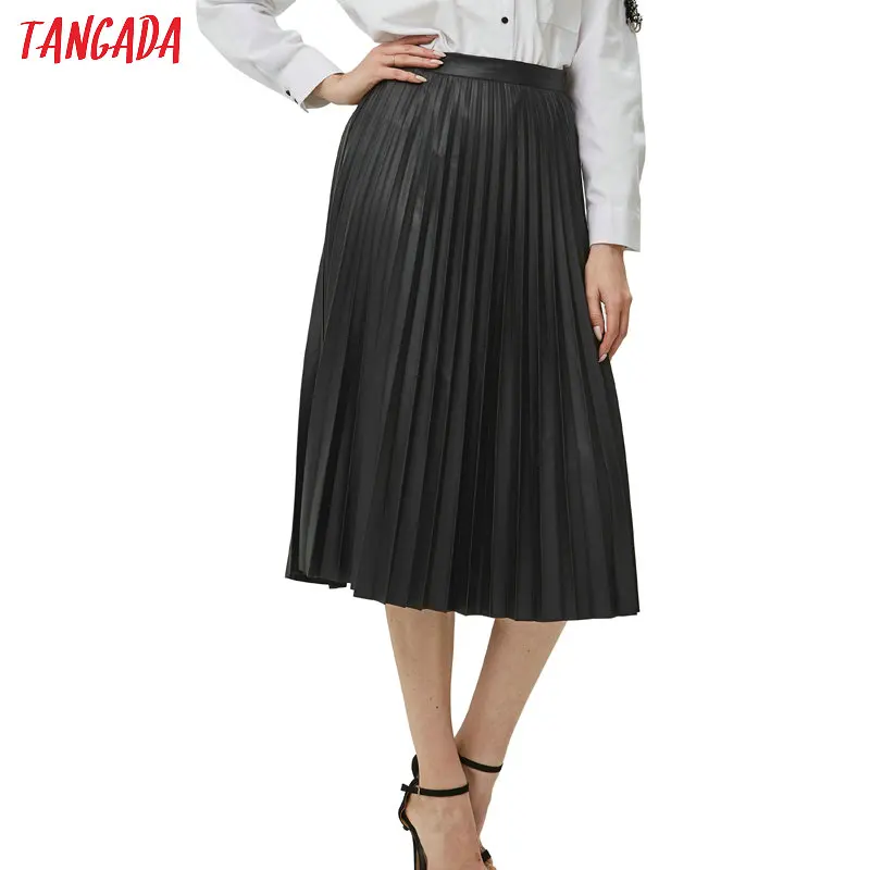 Baratos Falda midi plisada básica negra para mujer Tangada falda vintage con cremallera lateral para mujer faldas elegantes largas hasta la pantorrilla 6A68
