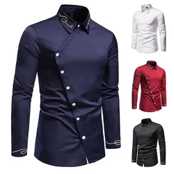 2021 New Hollow European Size Men's Trend Embroidered Asymmetric Long-sleeved Shirt Western Shirt Slim Fit Social Dress