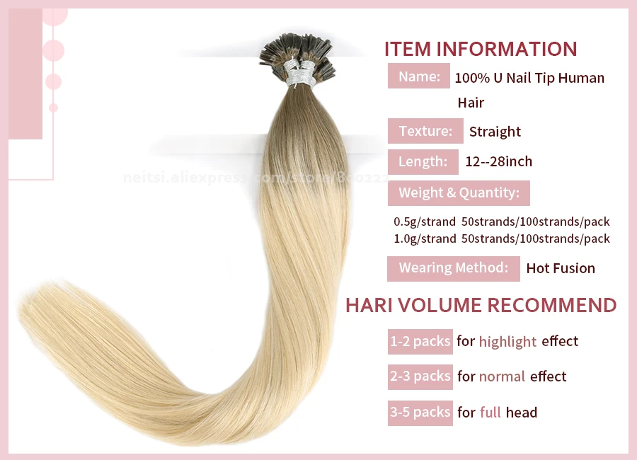 Neitsi Straight Keratin Capsules Human Fusion Hair Nail U Tip Machine Remy Pre-Bond Natural Hair Extensions 16