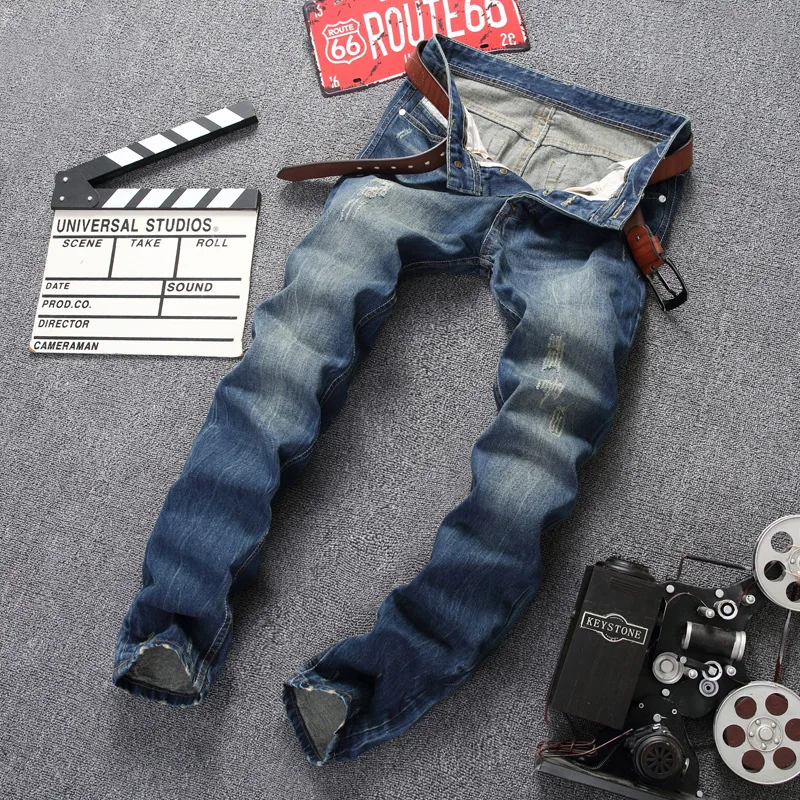 

Trendy Men's Jeans Blue Retro To Make Old Worn Cotton Straight Trousers Mens Clothing Biker Ripped Skinny Trousers Denim Jeans