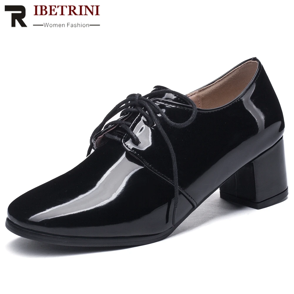 

RIBETRINI Plus Size 34-48 New Female Chunky Heels Shoes Woman Fashion Lace Up Spring Autumn Pumps Women Casual Office Pumps