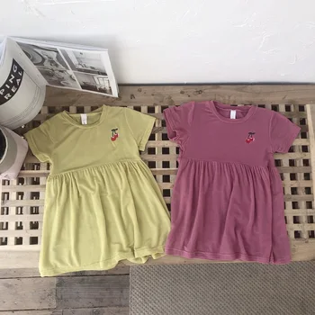 

3465 Summer New Girl's Dress Korean Cherry Embroidery Thin Tencel Cotton Children's Short Sleeve Clothes Clothes Kids