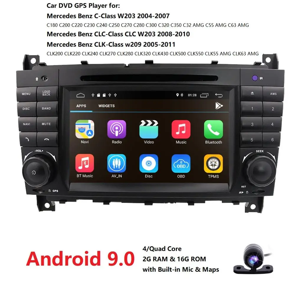 Android 9,0 2 DIN автомобильный DVD gps для Mercedes/Benz W203 W209 W219 a-класс A160 c-класс C180 C200 CLK200 Радио Стерео dab swc dvr bt