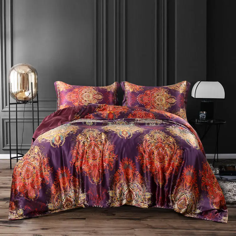 

100% silk Bedding Set Ultimate luxury Bedding Light and soft Bed Set King size bed Red wine Sheet Purple red Pattern Bed linen