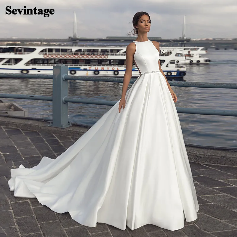 

Sevintage Simple A Line Satin Wedding Dresses Boho Illusion Appliques Lace Beach Bridal Gown Princess Wedding Party Dress 2020