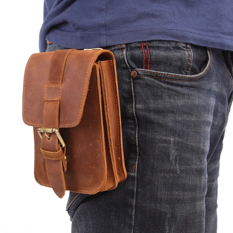 

MISFITS Leather Men's Pocket Travel Small Pocket Belt Mobile Phone Bag Retro Mountaineering Bag