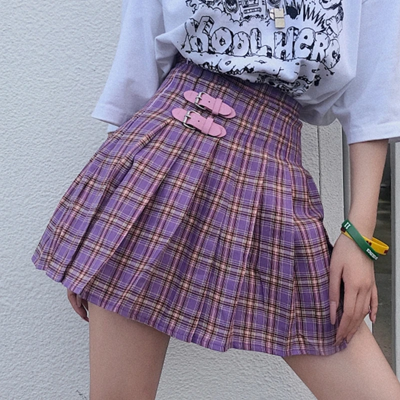 Флисовая Пастельная Готическая клетчатая плиссированная юбка с высокой талией с пряжкой мини-юбка Harajuku Японская девушка для женщин милые наряды