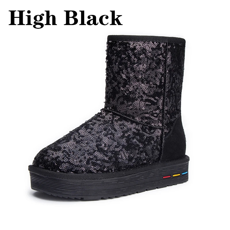High Black ZSAUAN/женские зимние ботинки с блестками; зимние меховые женские повседневные ботинки; женские блестящие высокие ботинки на платформе; цвет синий, розовый; короткие ботильоны - Цвет: High Black